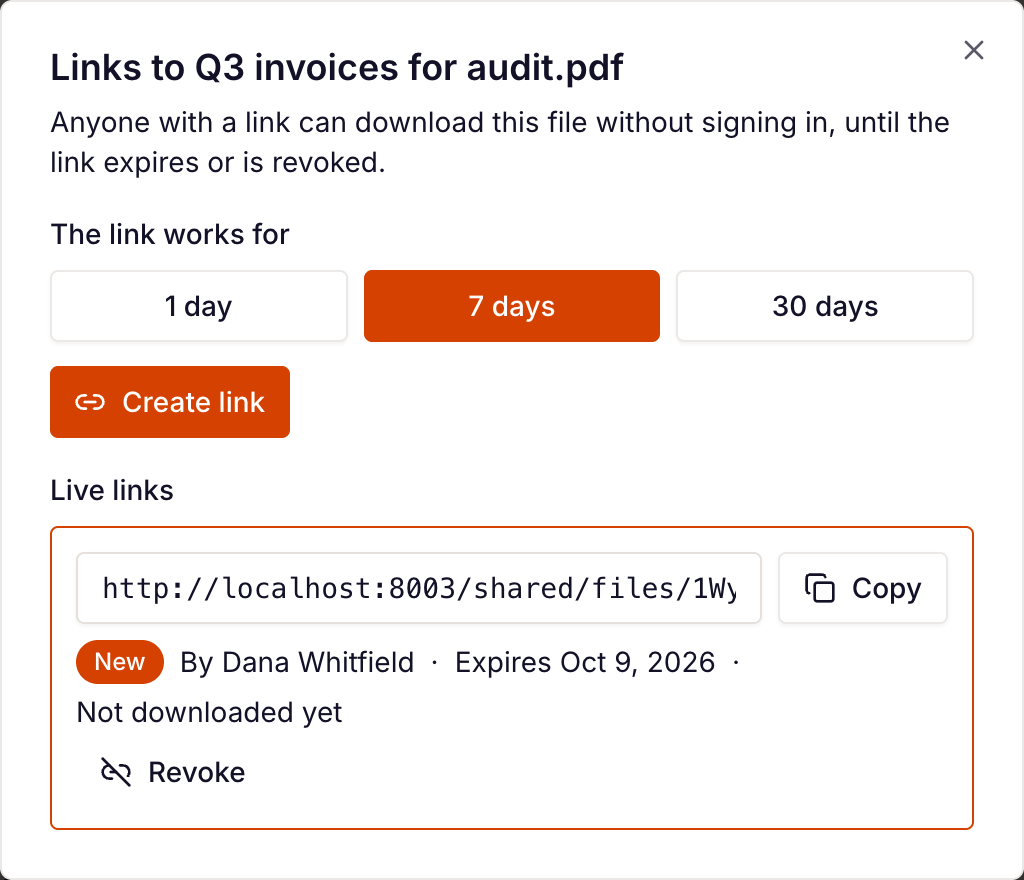 the Links to … dialog with a new link, Copy and Revoke