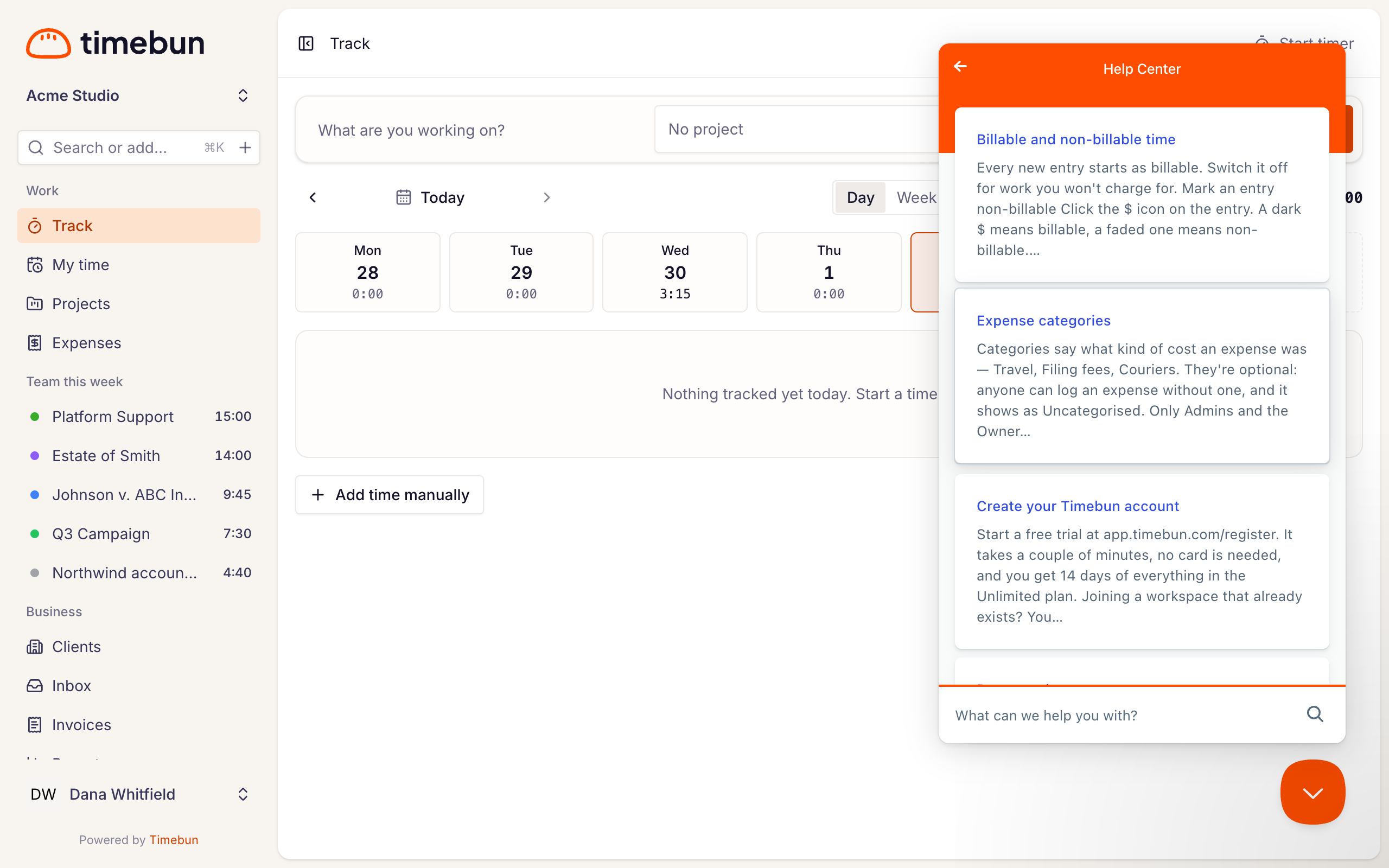 the help panel open in the bottom-right corner, with the search box