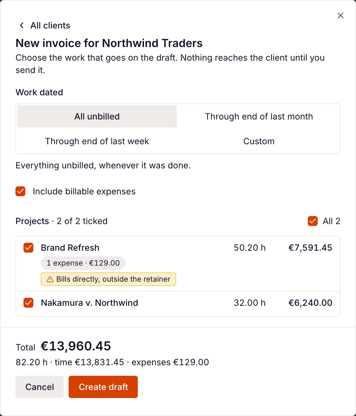 the New invoice dialog for one client, with Work dated, the projects ticked and the Total