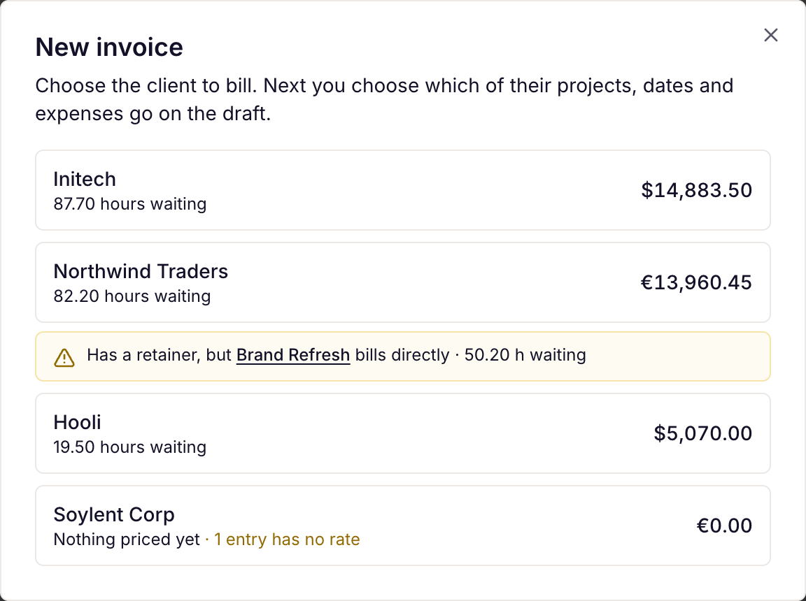 the New invoice dialog listing clients with work waiting