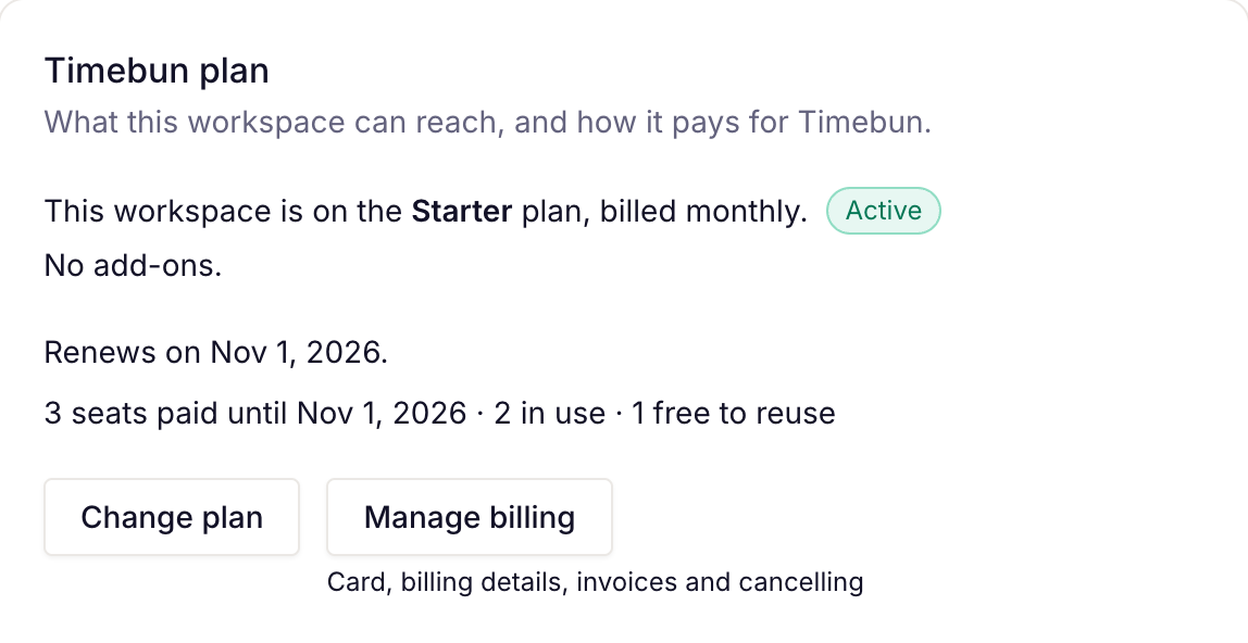 the Timebun plan card with Change plan and Manage billing