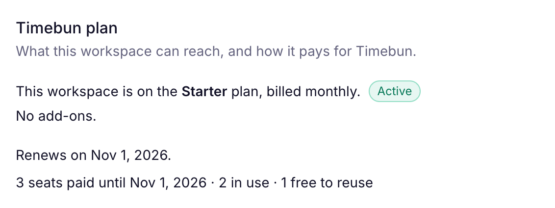 the Timebun plan card on Starter, with the seats line