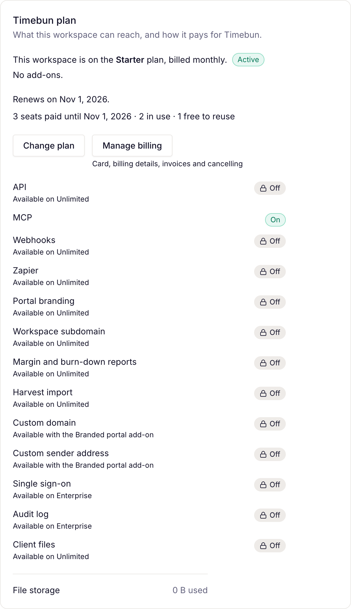 the Timebun plan card with its feature list