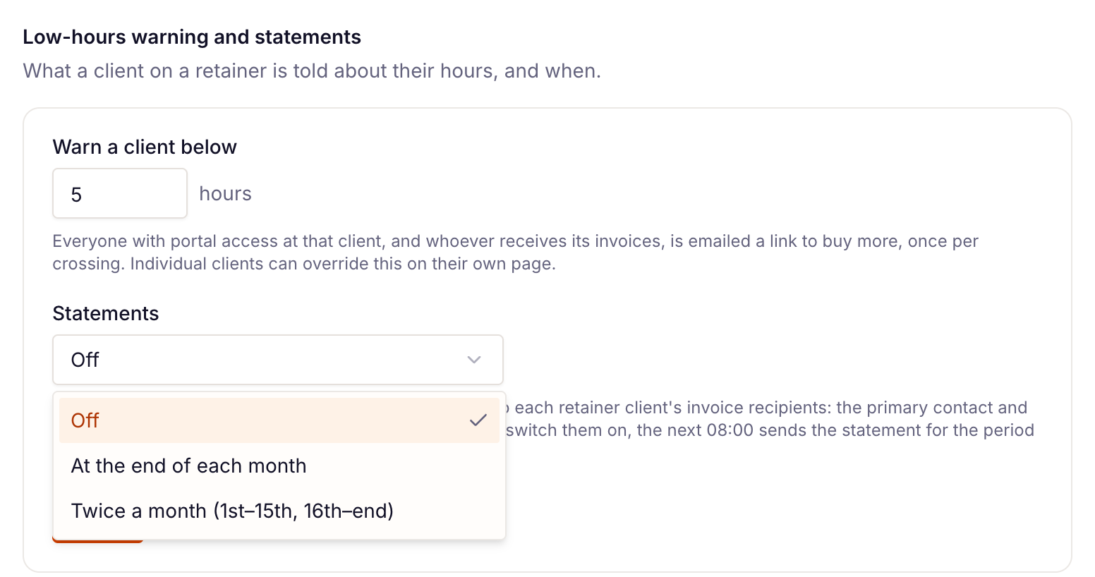 Settings → Retainers with the Statements setting open