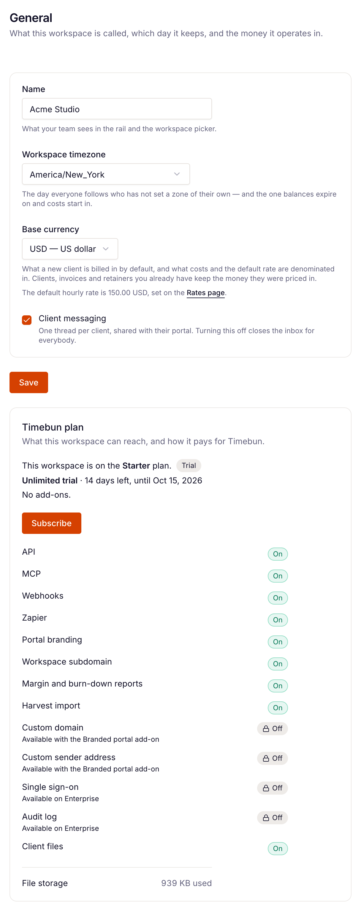 the General page with the Timebun plan card below Save
