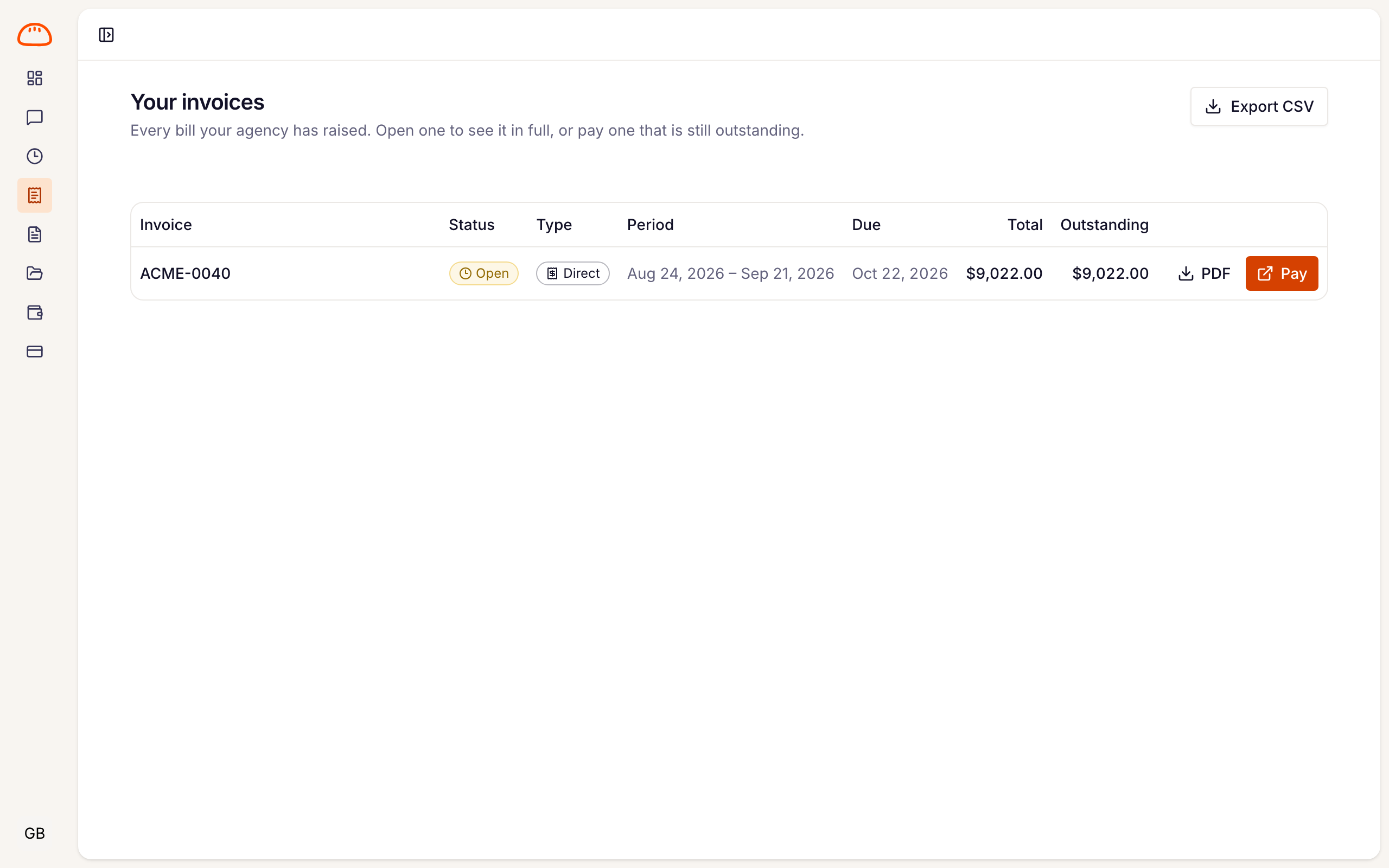 the Invoices list with a Pay button on an open invoice