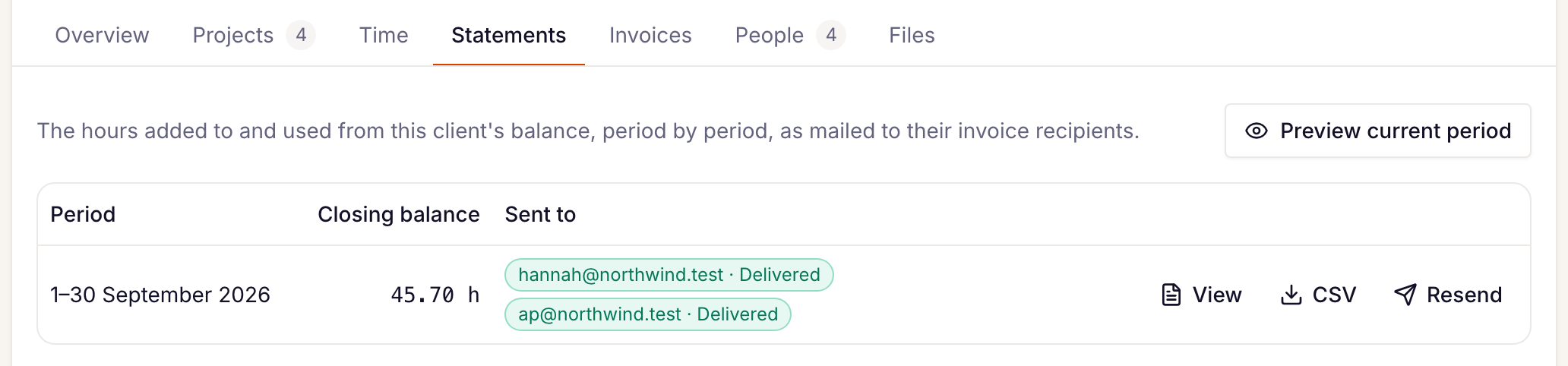 a client's Statements tab
