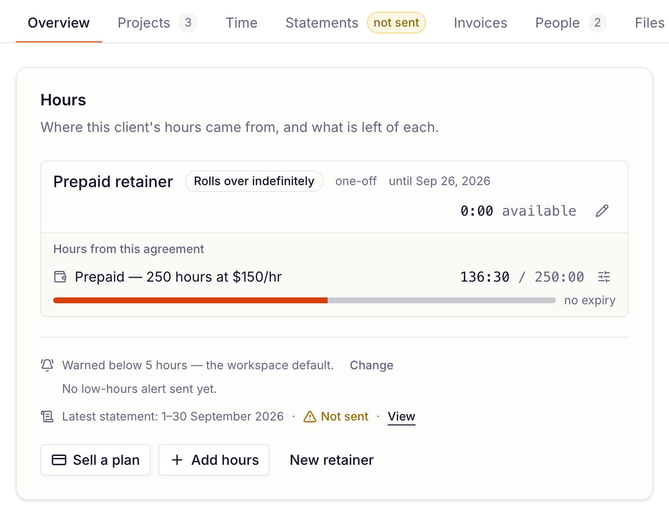 the client tabs with Statements flagged not sent, and the Latest statement line in the Hours card
