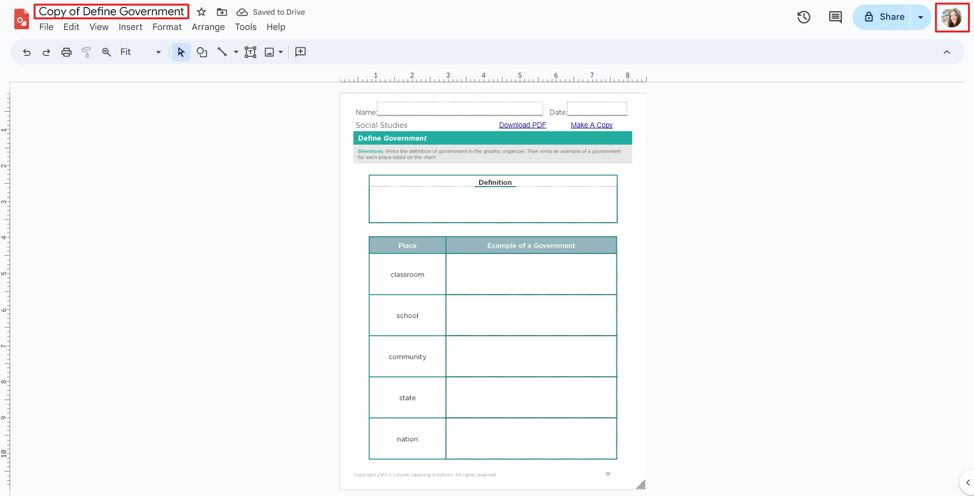 Lesson submission box with the completed Google Drawing attached