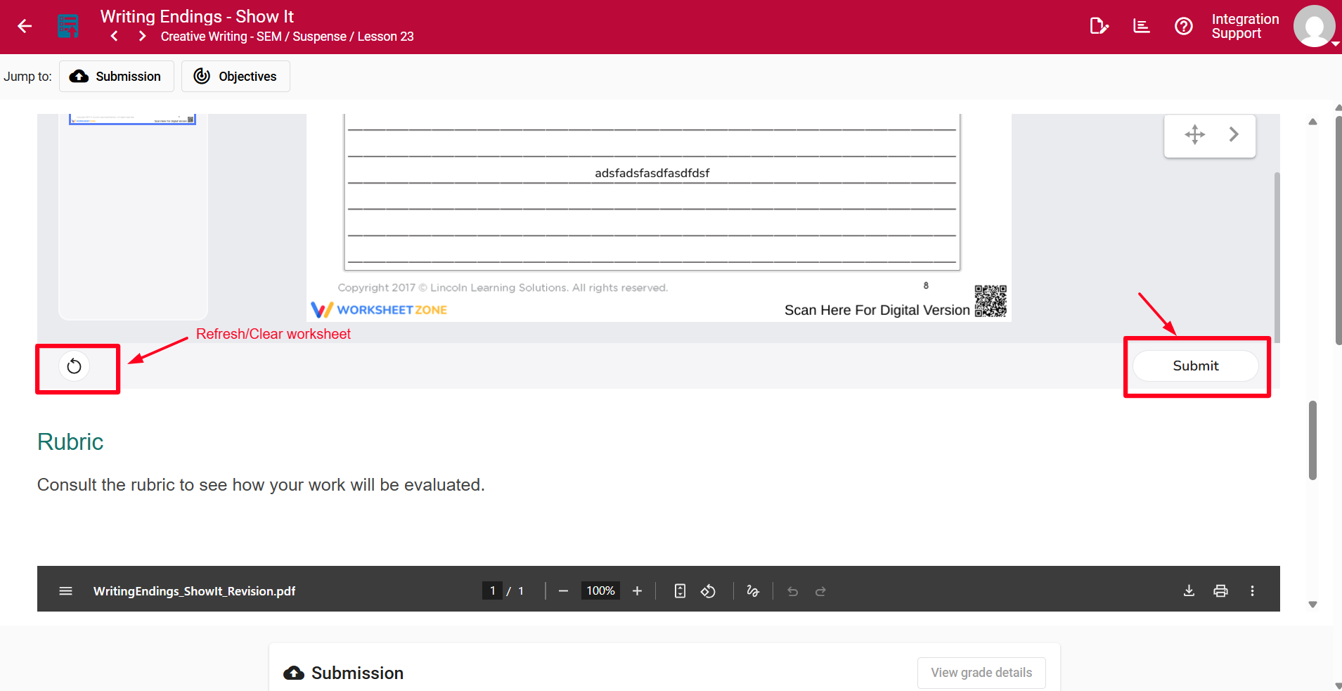 Worksheet Zone in the lesson showing the Copy Link button, Submit button, and Retry symbol