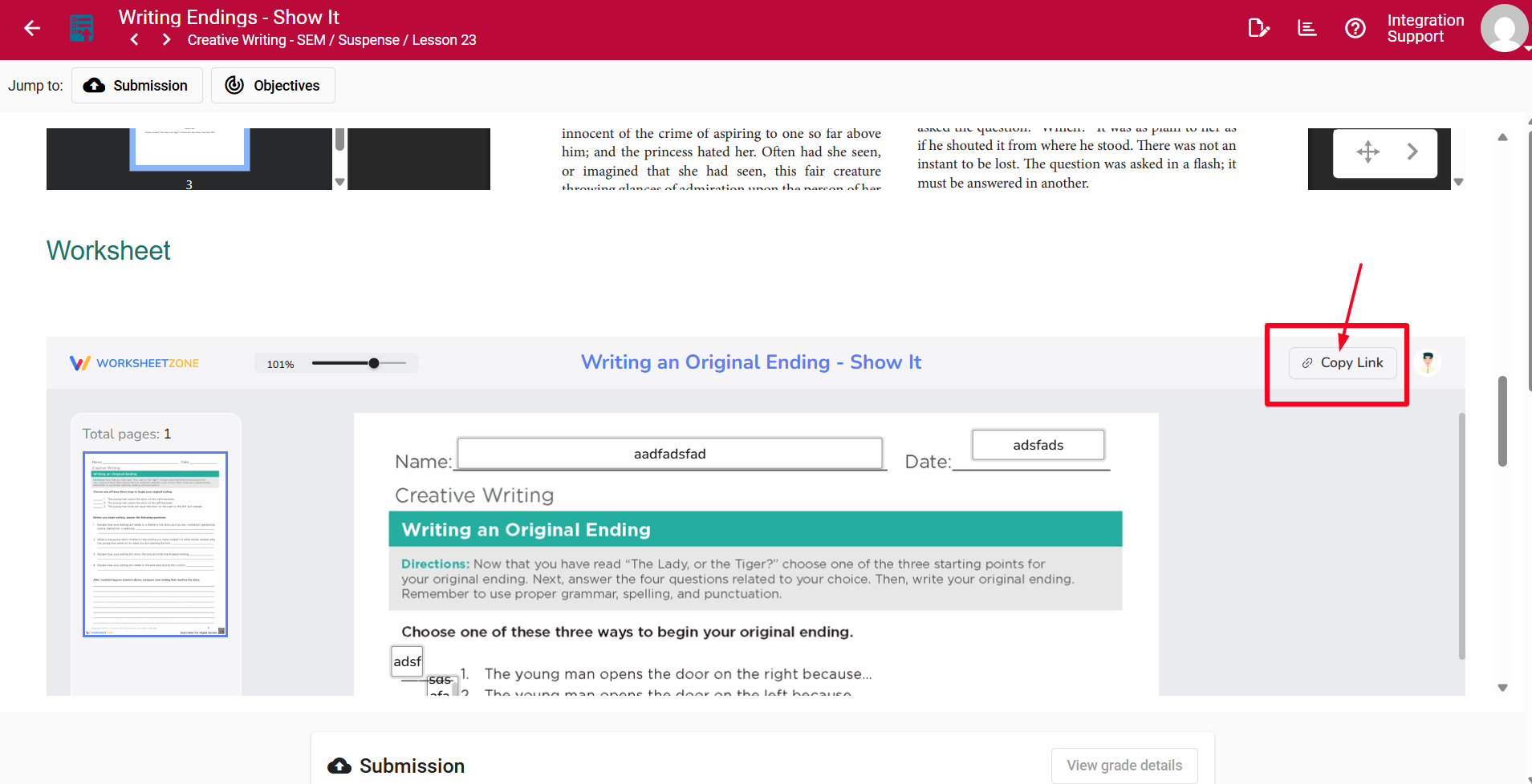 Copied Worksheet Zone link pasted into a new browser tab