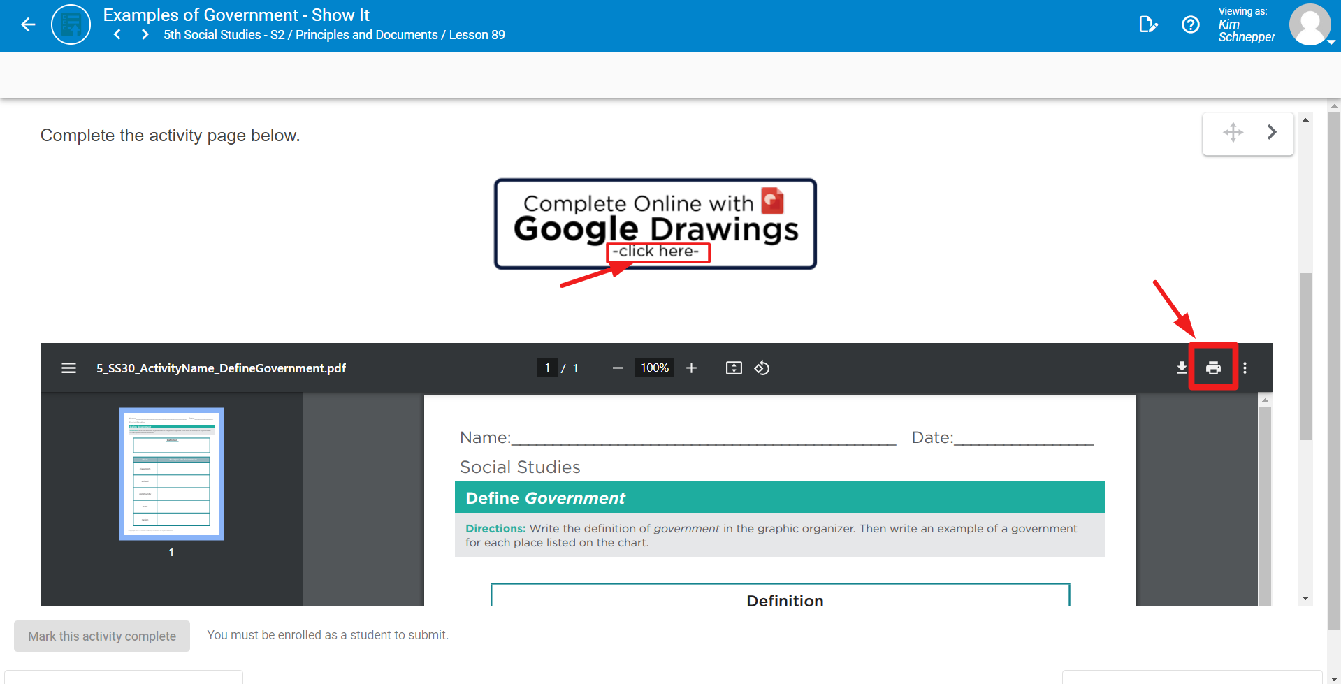 Lesson page showing the Click Here link to the Google Drawing and the print button
