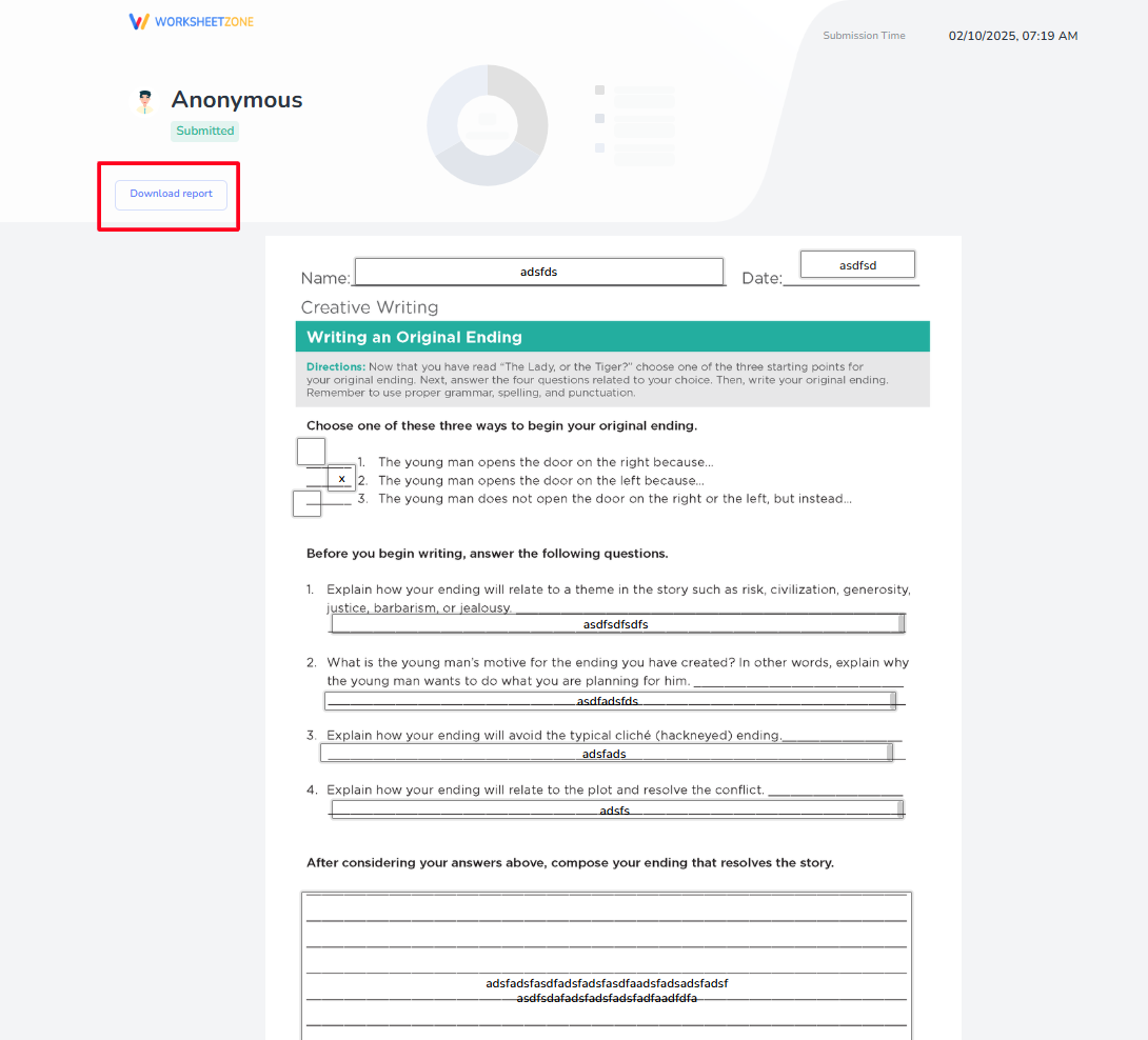 Completed worksheet on the Worksheet Zone website