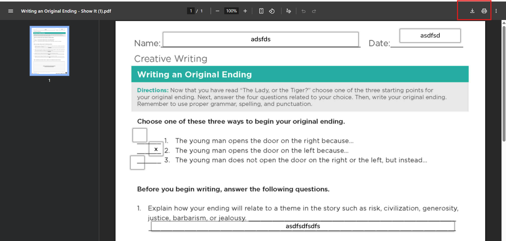 Download and print options for the completed worksheet