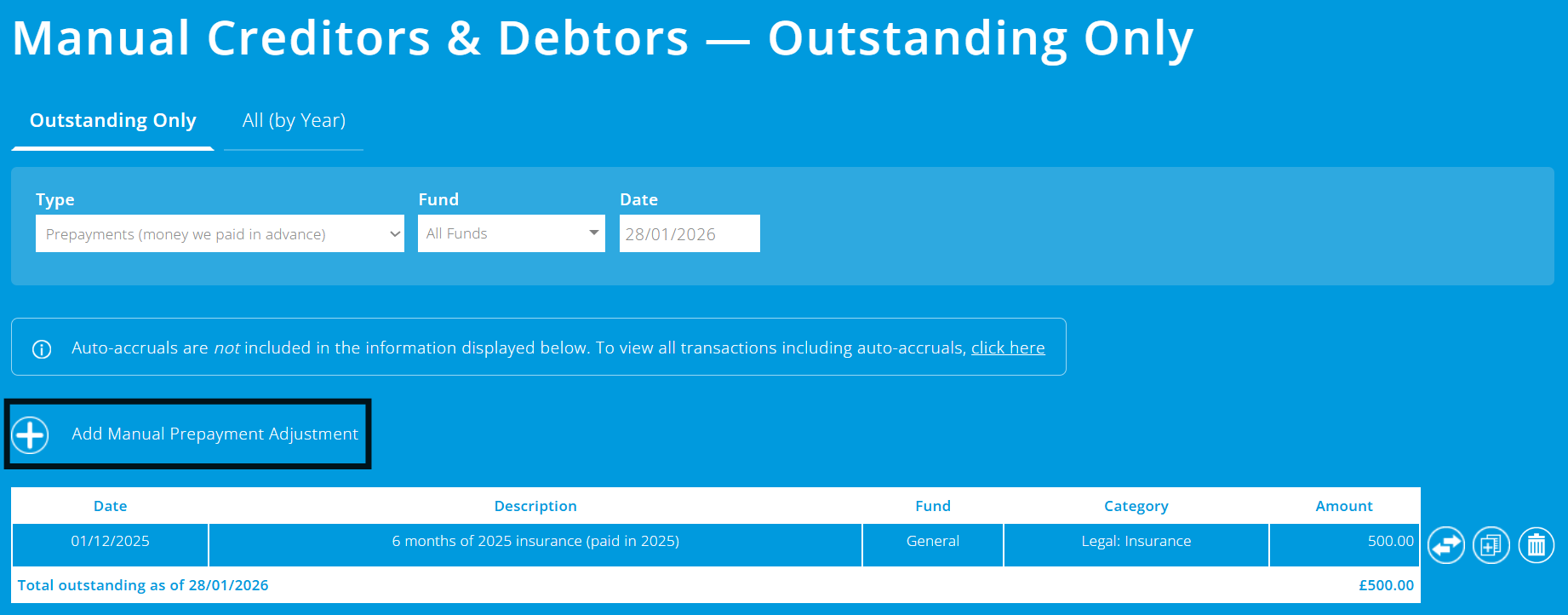 ExpensePlus screenshot of manual creditor and debtors screen highlighting the add manual prepayment adjustment button
